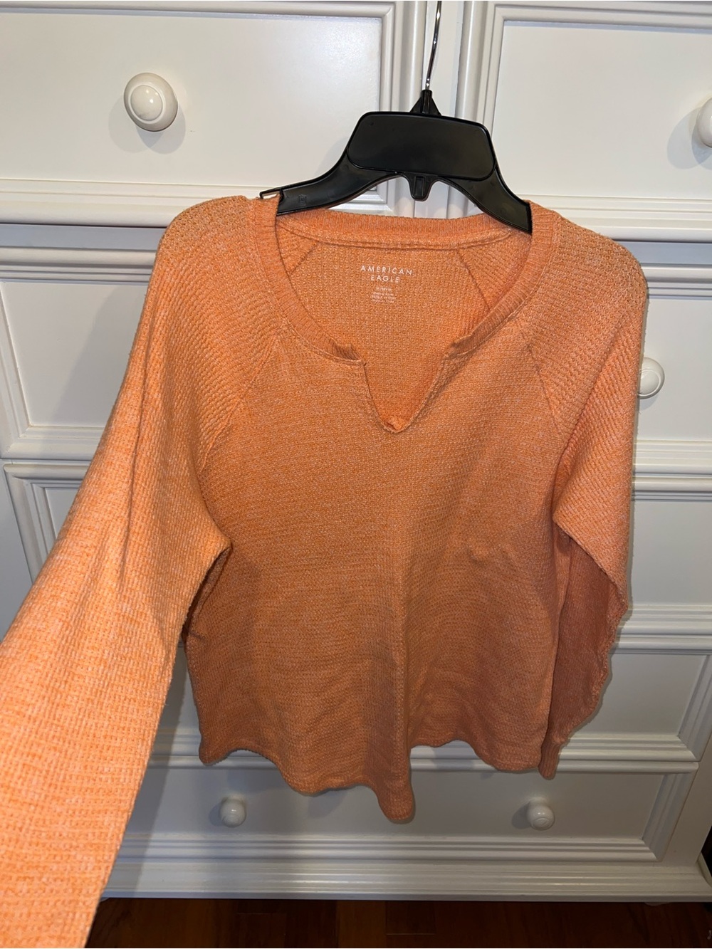 American Eagle Outfitters Orange Waffle-Knit Notch Crew Sweatshirt